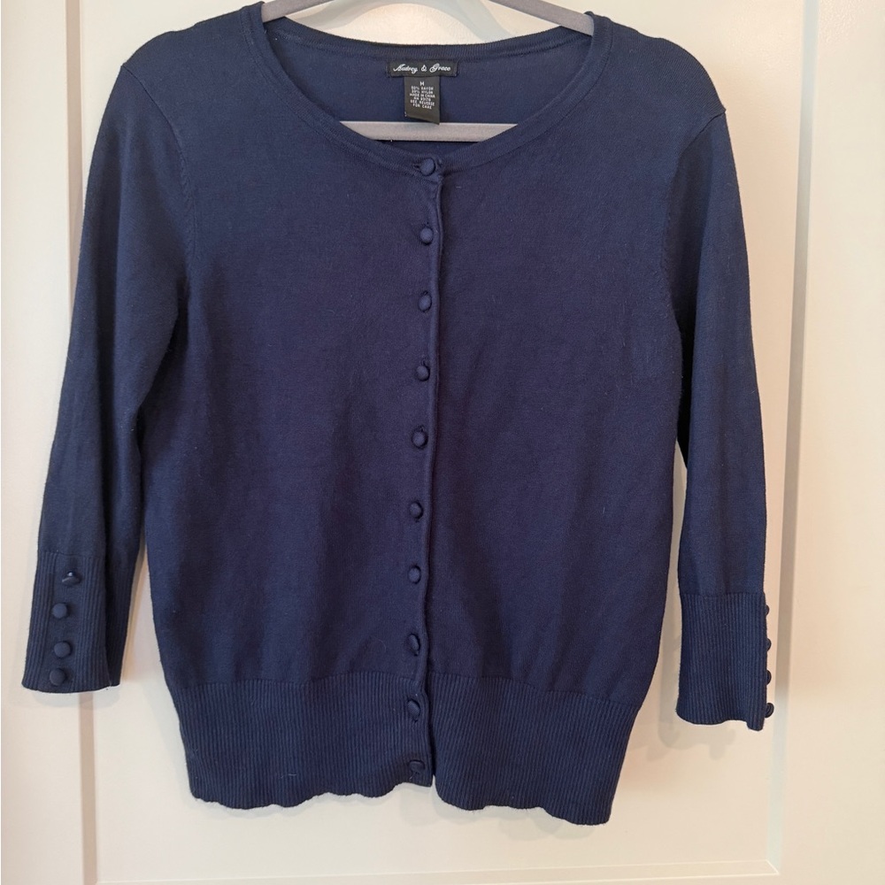 Audrey & Grace Navy Blue 3/4 Sleeve Cardigan Sweater